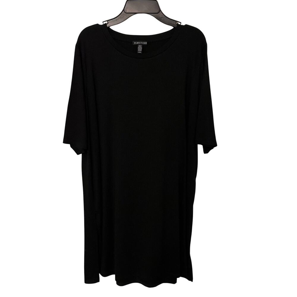 EILEEN FISHER Tunic Medium Black Tencel Minimalist Lagenlook Quiet Luxury Top - Picture 2 of 7
